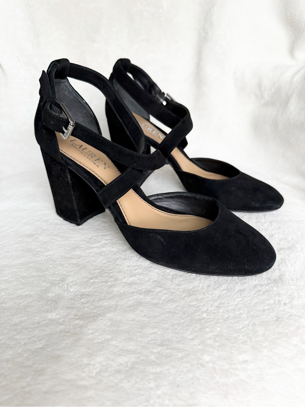 Lauren Ralph Lauren Black Suede Cross-Strap Block Heels Size 7B